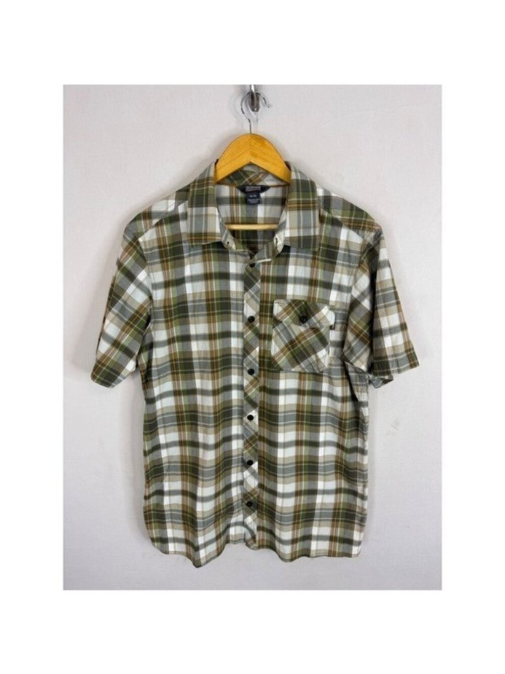 Outdoor Research Mens XL Plaid Short Sleeve Button Up Shirt Olive Green Tan